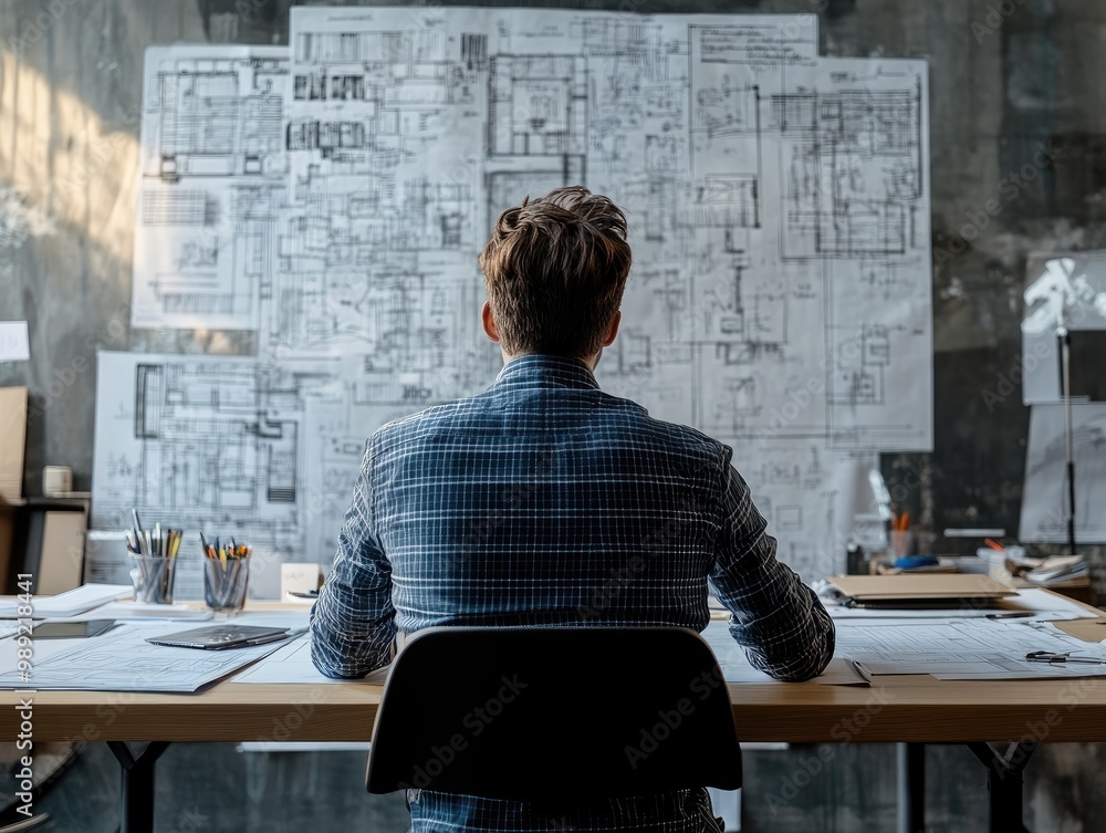 Poster young businessman working on a startup idea, sitting at a large table with blueprints and diagrams s