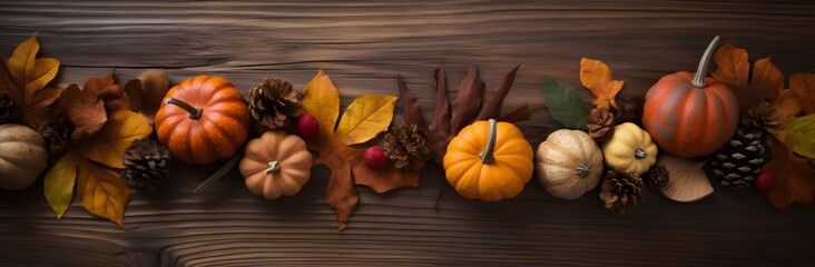 Rustic Wooden Background with Autumn Pumpkins and Leaves