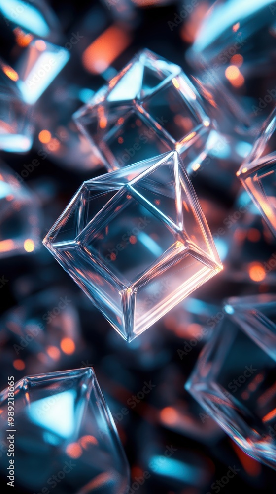 Poster a cluster of transparent 3d polygons with glowing edges, symbolizing modern digital design and techn