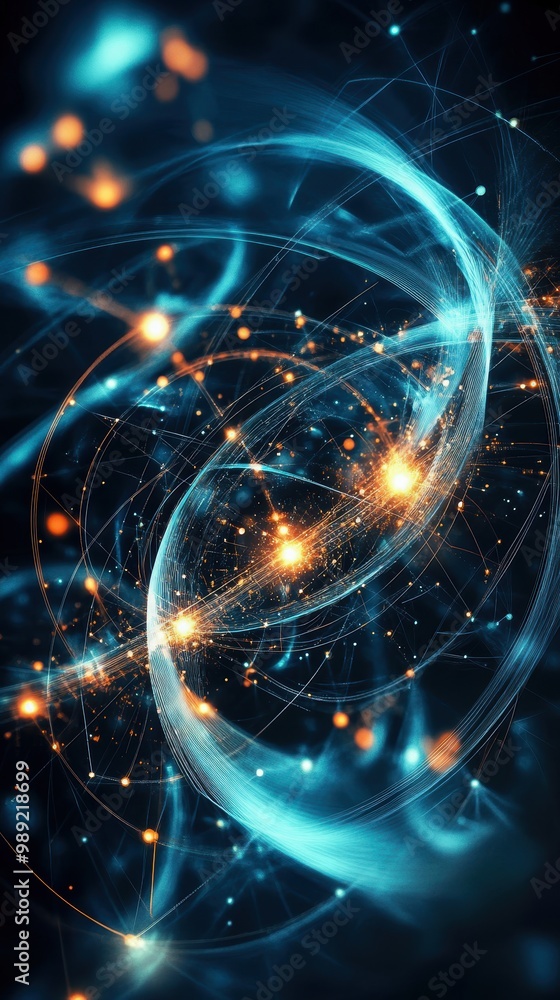 Aufkleber dynamic digital abstract with glowing shapes and innovation symbols, representing the fusion of crea