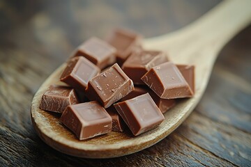 Milk Chocolate Pieces in a Wooden Spoon on a Wooden Table