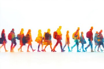 Obraz premium Silhouetted people walking, vibrant color trail