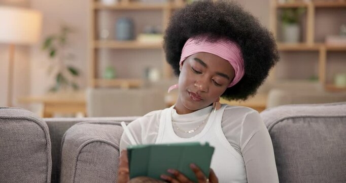 Black woman, tablet or creative in home for remote work, editing or drawing on sofa. Freelance graphic designer, tech or idea on couch for logo draft, digital pen or sketch with online inspiration