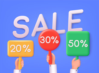 Sale, discount banner. Hands holding signs with discount percent. 3D Web Vector Illustrations.