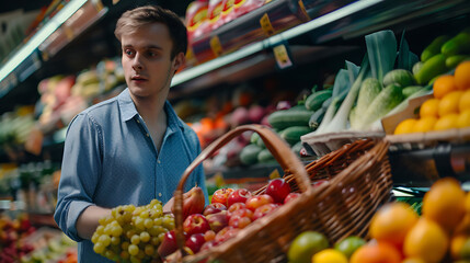 Obraz premium A close-up of a happy, stylish young man shopping in the fresh produce section of a supermarket, holding a basket while browsing colorful fruits and vegetables displayed in the grocery store.