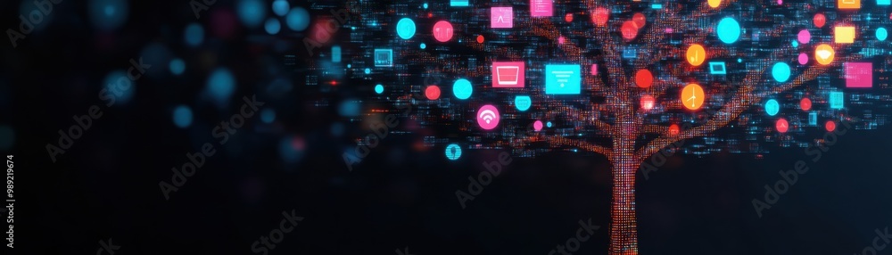 Poster digital tree with glowing abstract shapes