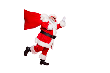 Full length body size view of cheerful cheery dreamy glad funky fat overweight plump gray-haired bearded man piggy backing gifts fairy waving greetings isolated over bright vivid shine red background