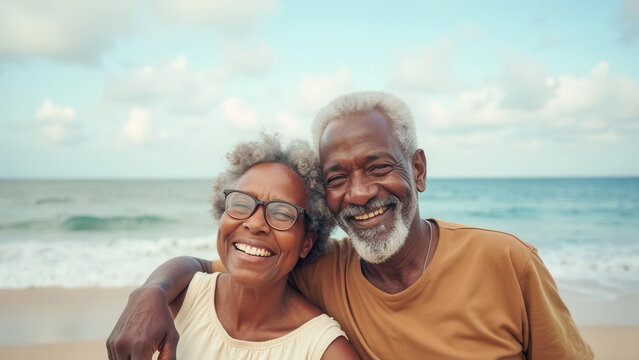 Happy elderly couple at the beach