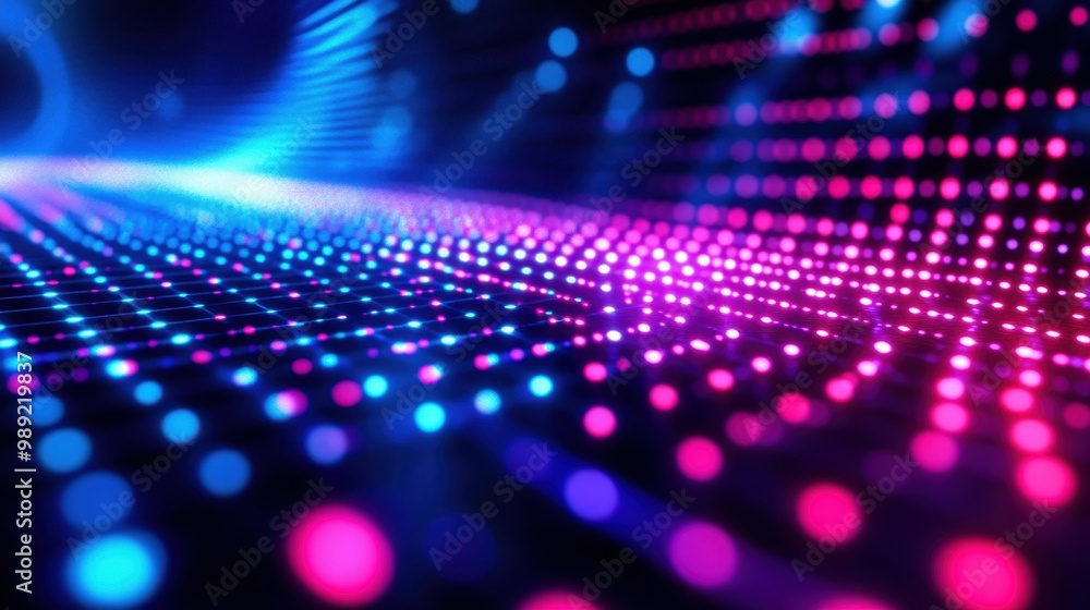 Poster abstract grid background with pulsing neon lights, representing advanced technology and the wave of 