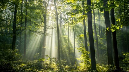 A tranquil forest with rays of sunlight filtering through the trees, evoking a sense of mindful serenity mindful serenity, nature