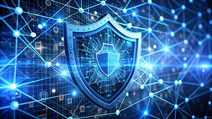Digital shield is glowing over a network, symbolizing cybersecurity and data protection