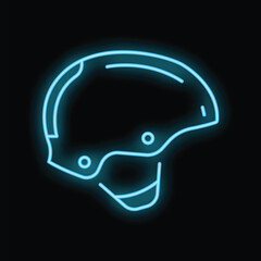 Neon sign of a modern bicycle helmet glowing on a black background