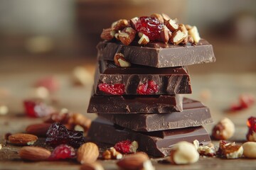 Stack of Dark Chocolate Bars with Cherries and Nuts