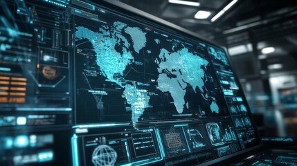 Obraz premium Futuristic Crime Prediction Dashboard Displaying Real-Time Data on High-Risk Areas and Trends, Advanced Digital Interface against Dark Backdrop, map highlighting high-risk areas and crime trends, 