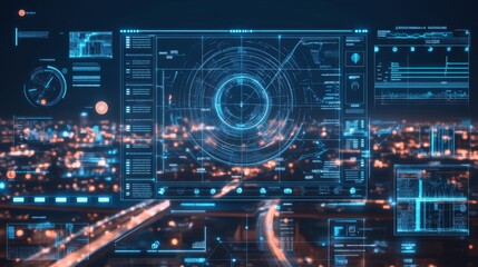 Futuristic Crime Prediction Dashboard Displaying Real-Time Data on High-Risk Areas and Trends, Advanced Digital Interface against Dark Backdrop, map highlighting high-risk areas and crime trends, 