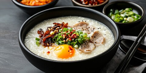 A cozy bowl of Chinese congee with preserved egg, pork, and scallions, served with traditional condiments on the side