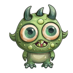 Fototapeta premium A cute green monster with three horns, big eyes, and a toothy smile.