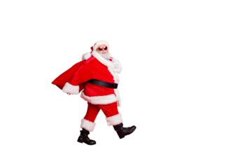 Full length photo of dreamy fat funny santa claus have eyeglasses go carry bag with presents on midnight isolated over red background