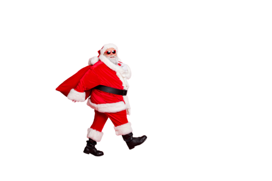 Full length photo of dreamy fat funny santa claus have eyeglasses go carry bag with presents on midnight isolated over red background