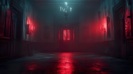 Naklejka premium Eerie dark castle with glowing neon banners fluttering in wind picture
