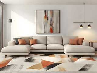 Cozy and Inviting Modern Living Room with Comfortable Sectional Sofa Minimalist Decor Geometric Rug and Abstract Artwork Adding a Touch of Modern Flair