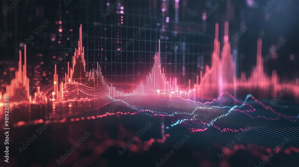 Poster dynamic financial data visualization with vibrant peaks and valleys representing market fluctuations