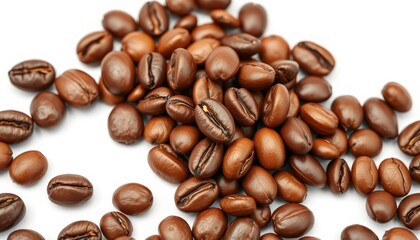 Fresh Coffee Beans: Hyper-Realistic Image with Glossy, Smooth Surfaces and Rich Details on a Clean White Background.