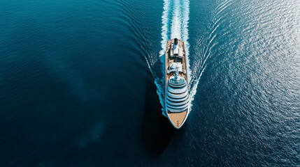 Aerial view of beautiful white cruise ship above luxury cruise close up at stern of cruise sail with contrail in the ocean sea concept smart tourism travel a vacation time on summer, webinar banner  
