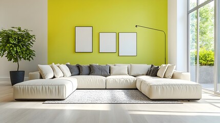 Cozy and Inviting Modern Living Room with a Large Comfortable Sectional Sofa and Minimalist Stylish Decor the Bright Walls Accenting the Space and Natural Light Flooding in Through Large Windows