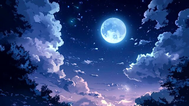 Bright full moon shining through clouds on a starry night. Seamless looping 4k time-lapse video background.