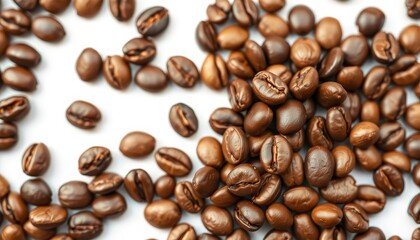 Obraz premium High-Resolution Image of Glossy Coffee Beans: Hyper-Realistic, Detailed, and Centered on White.