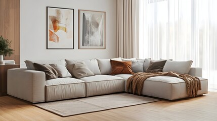 Cozy and Inviting Modern Living Room with Comfortable Sectional Sofa Pops of Color and Warm Natural Decor Elements Creating a Serene Atmosphere