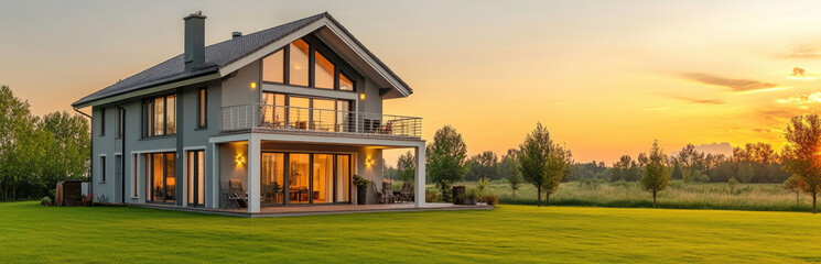 Modern country house with gray walls, white window frames, and a large roof terrace on the front of which there is an open balcony from floor to ceiling
