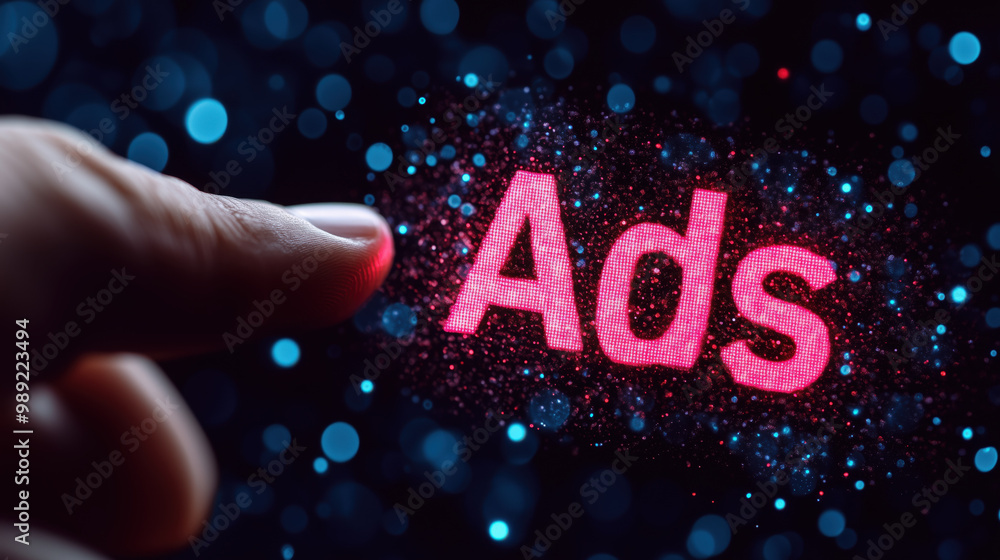 Aufkleber finger touching glowing ads text with colorful bokeh background