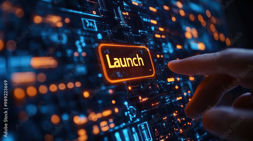 Poster close up view of finger pressing launch button on digital interface, symbolizing innovation and