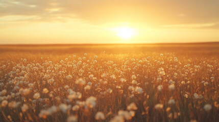  Nature's Beauty Sunset Over Tall Grass and Wildflowers
