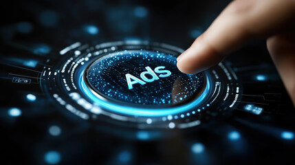 Finger pressing digital button with Ads text, showcasing technology