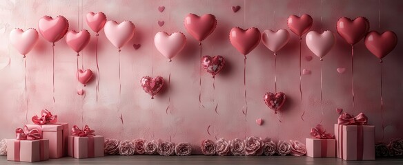 romantic balloon symphony heartshaped balloons in various shades of pink and red floating with gift boxes against a soft rose background