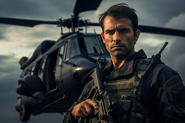 Obraz premium Generated with ai image of male brave soldier wearing camouflage during a military operation fighting for freedom