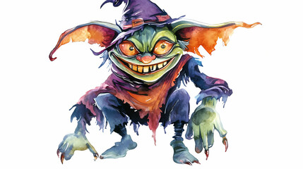 Playful goblin character clipart, halloween element, watercolor illustration, crisp lines, small and mischievous, isolated on white background. Goblin. Illustration