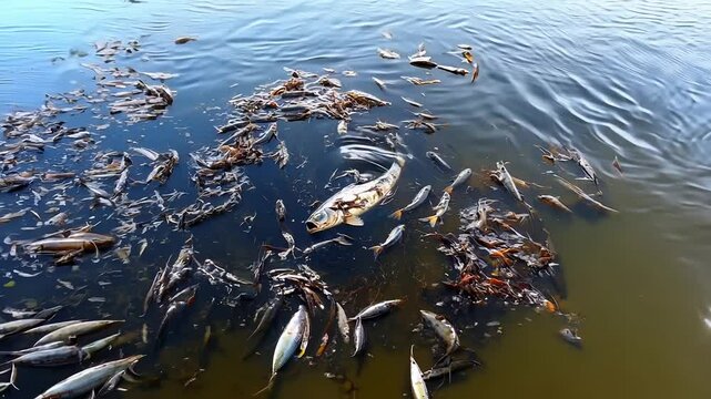 Dead fishes washed up on the shore, oil spill, concept of pollution, polluted water, polluted sea