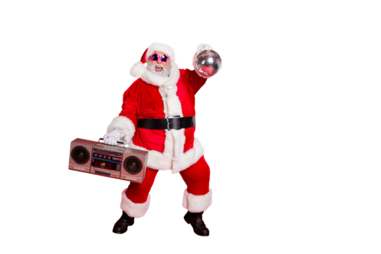 Full length photo of cheerful santa claus in headwear hat holding boom box glittering ball dancing on newyear party wearing style stylish eyeglasses eyewear isolated over red background