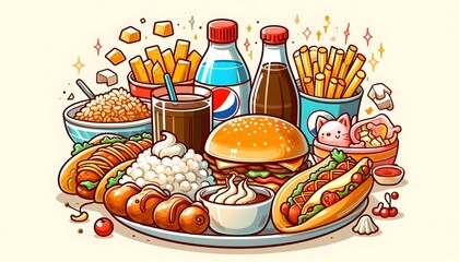 Fast Food Feast  Burger  Hot Dogs  Fries  Drinks  and More