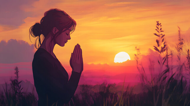 2d illustration of young beautiful girl with long hair female lady praying in open air area sunset sunrise hoping waiting silhouette woman meditating looking to the horizon digital painting character 
