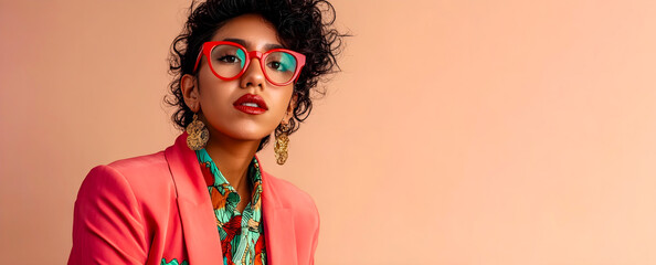 Fashionable woman wearing red glasses, bold earrings, and a colorful outfit with a coral blazer against a peach background, representing style, confidence, and modern fashion