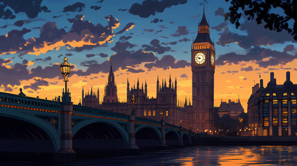 Fototapeta premium Majestic clock tower of imposing gothic revival architecture rises above ornate bridges and majestic houses of parliament along serene thames river sunset backdrop. Gothic Revival. Illustration