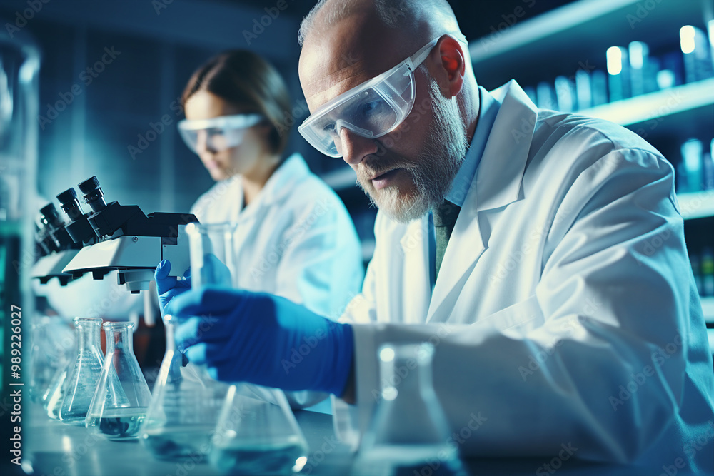 Poster picture of a chemist performing an experiment in the laboratory generative ai