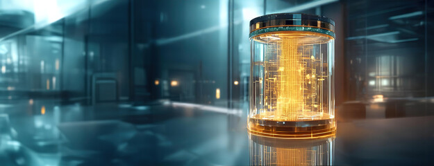 Futuristic energy core glowing with golden light in a sleek, sci-fi laboratory filled with reflective glass surfaces and high-tech equipment. Quantum computer background. Panorama with copy space.