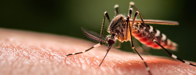 A mosquito feeding on human skin in a close-up macro shot. Panorama with copy space.