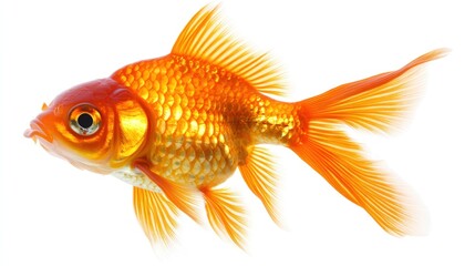 Fototapeta premium A single, bright orange goldfish with large fins is swimming against a white background.
